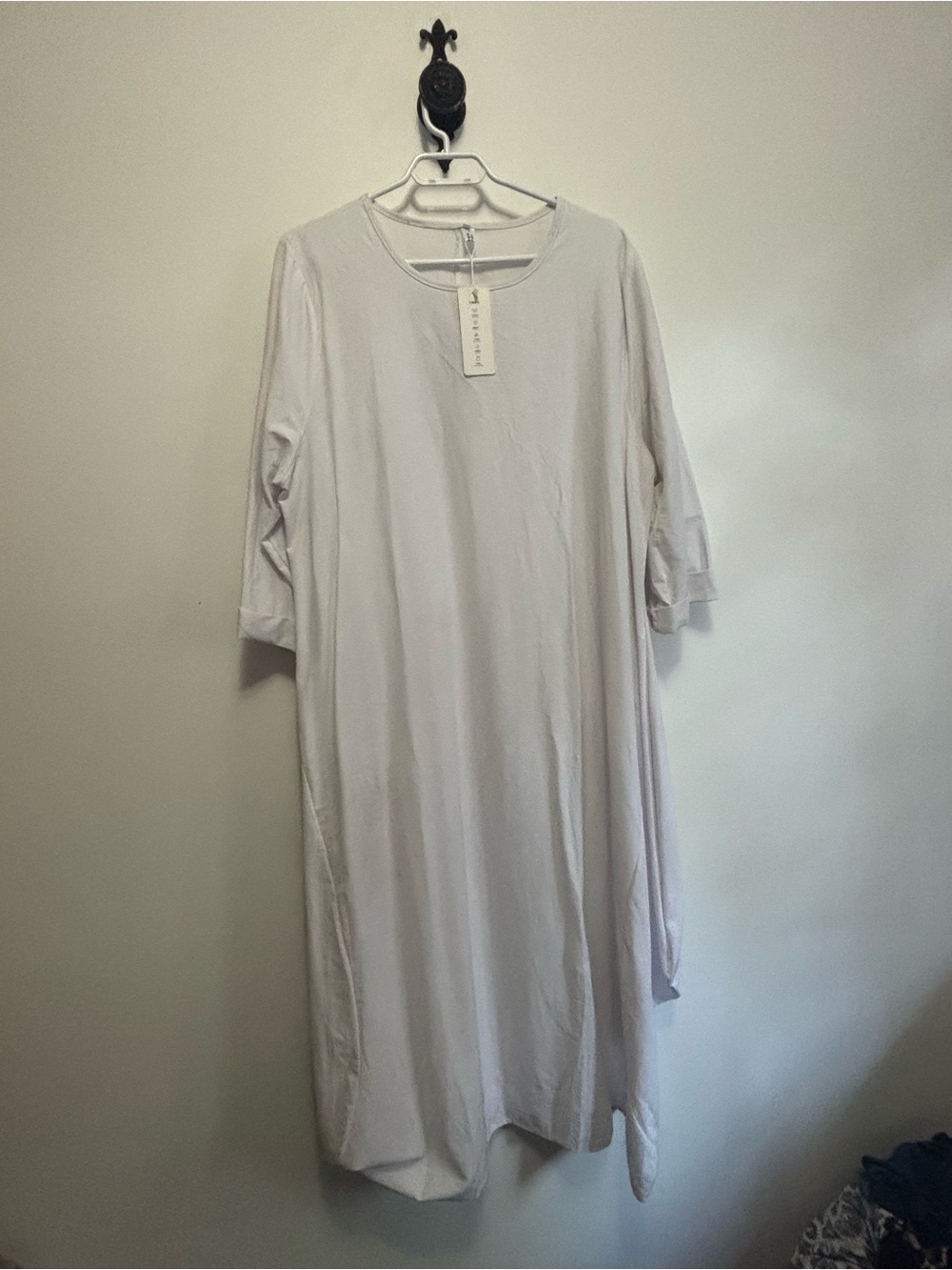 White Cotton/Linen Long-Sleeve Crewneck Midi Dress